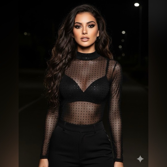 No Boundaries Tops - No Boundaries Mesh Studded Black Long Sleeve Bodysuit